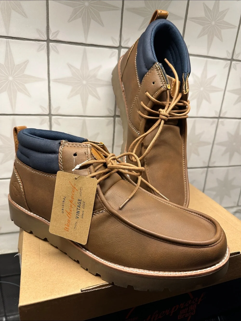 Original Weatherproof Vintage Brown Hiking Boots w Navy Collar NIB Sz12